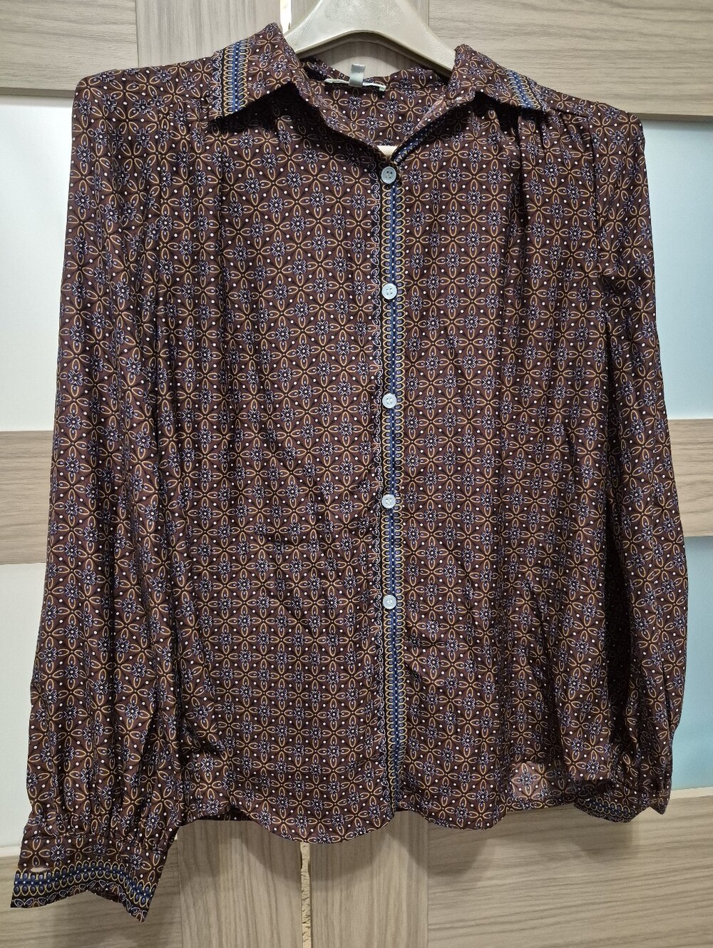 Max Studio Brown Printed Button-Down Shirt with Navy And Gold Accents